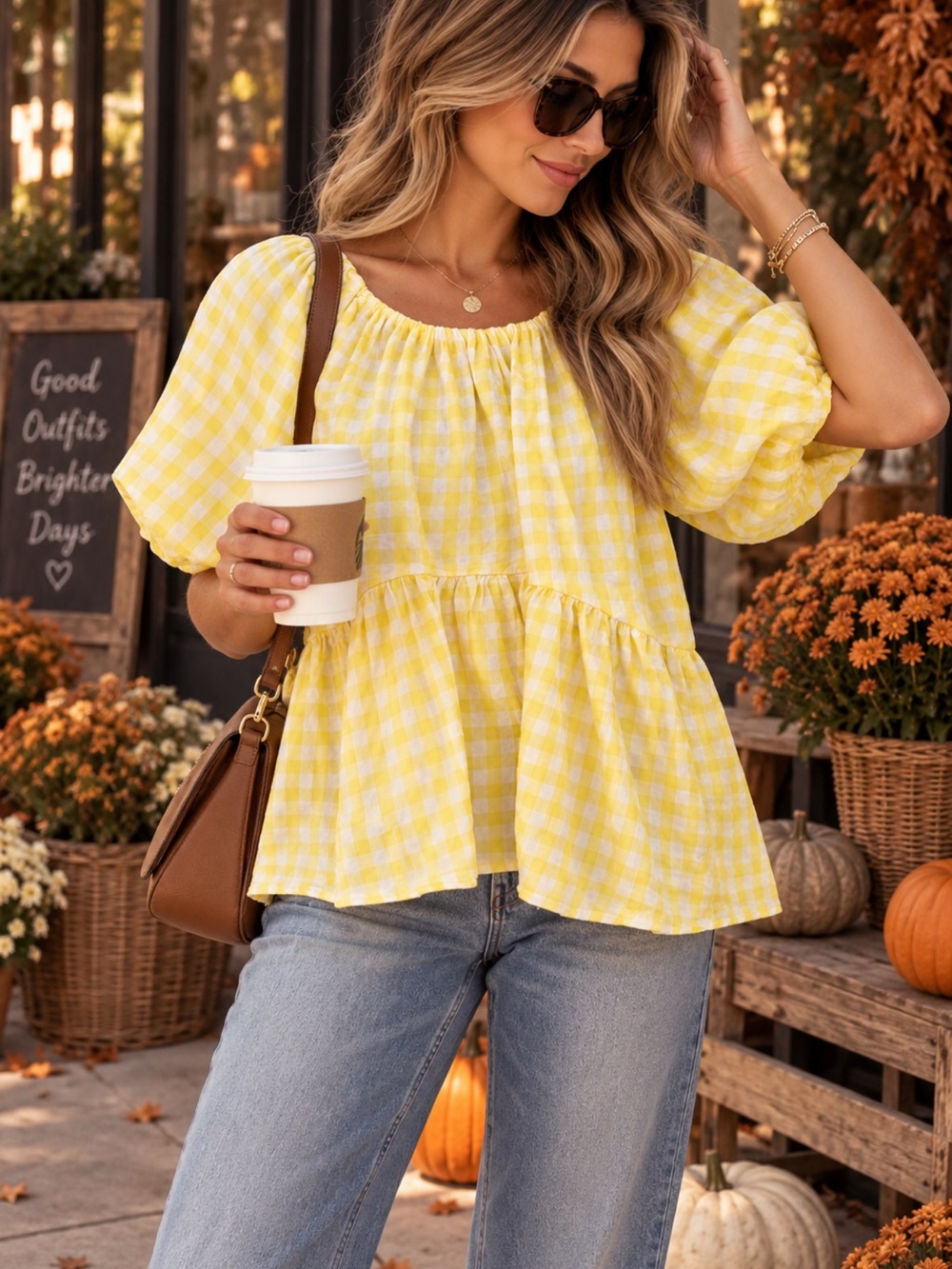 English Factory Yellow Gingham Puff Sleeve Babydoll Blouse XS NWT